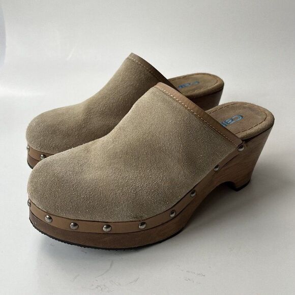 Vintage Y2K Candie’s Suede Leather Wood Clogs Mule Beige Platform Hippie Boho 6 - Picture 2 of 8